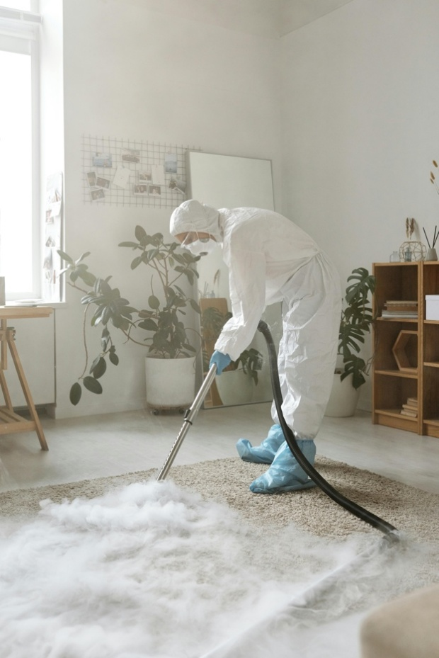 Professional cleaner performing deep carpet cleaning inside a residential home living space